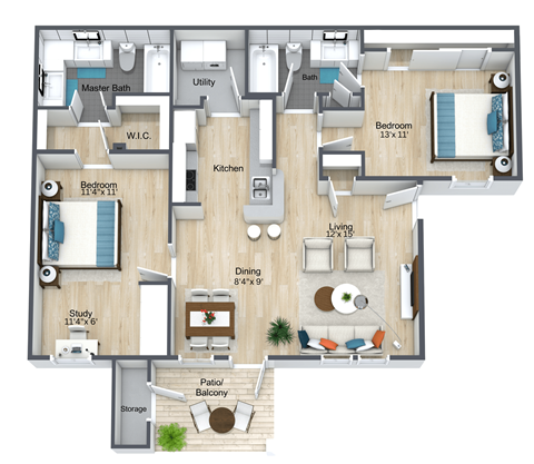 Floor plan for 2 beds, 2 baths, 1073 sqft